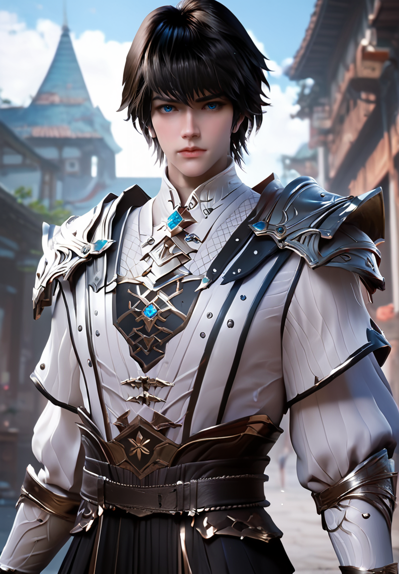 score_9,score_8_up,score_7_up,realistic,slender,1boy,long_haochen,male focus,blue eyes,short hair,black hair,armor,,<lora:LongHaochen:0.8>