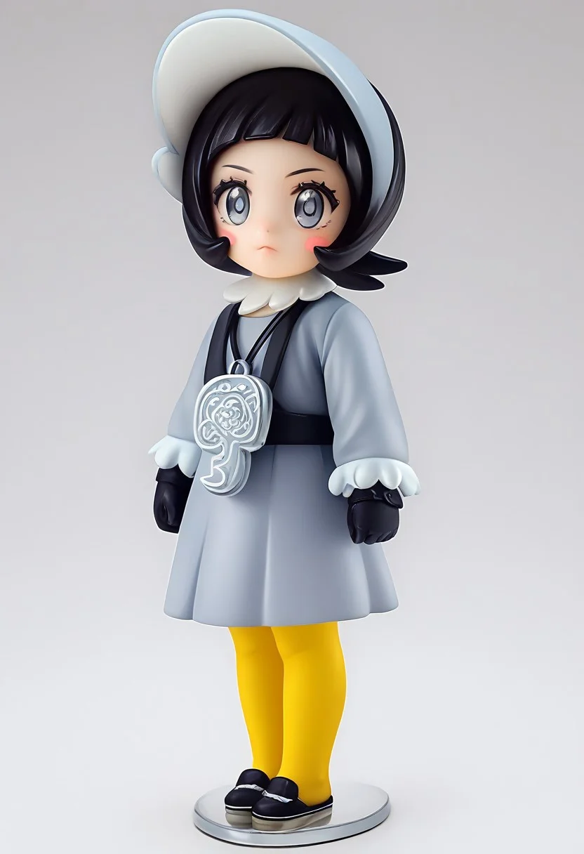 (score_9, score_8_up:1.1), score_7_up, (((realistic, photorealistic))), 1girl, solo, full body, figure,, three-quarter angle, dramatic angle, vivid lighting white trim, white background, flat ground, full body, ctianpoppy, grey eyes, blush stickers, grey dress, long sleeves, bonnet, yellow pantyhose, necklace, black gloves,
