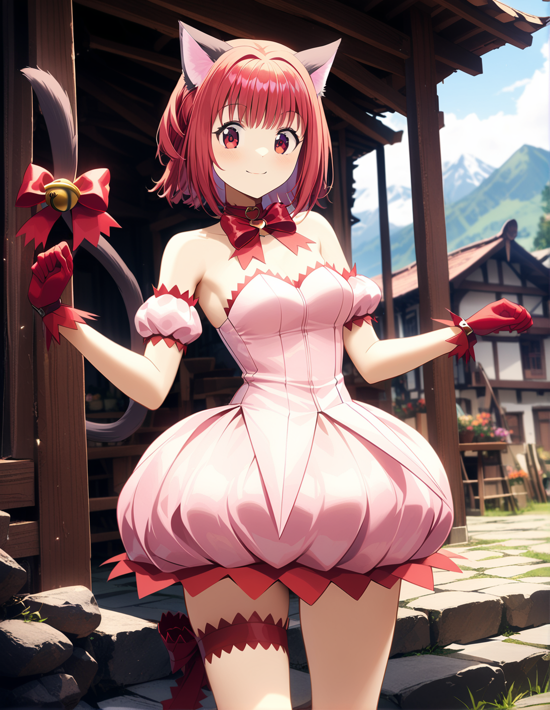 1girl, solo,  <lora:sdxl-lyco-mew_ichigo-remake-animagine_xl_3_1-AdamW8bit-v3-1-1:1:lbw=0,0,0,0,0,0,0,0,1,1,0,0,0,0,1,1,1,0,0,0,0,0,0,0,0,0>, mew_ichigo_remake, tail bow, gloves, cat tail, red gloves, tail bell, choker, detached sleeves,pink dress, strapless, relaxed posture, elbows extended, standing,  ,,smile, best quality, very aesthetic, ultra-detailed, intricate details, 4k,BREAK  in a village