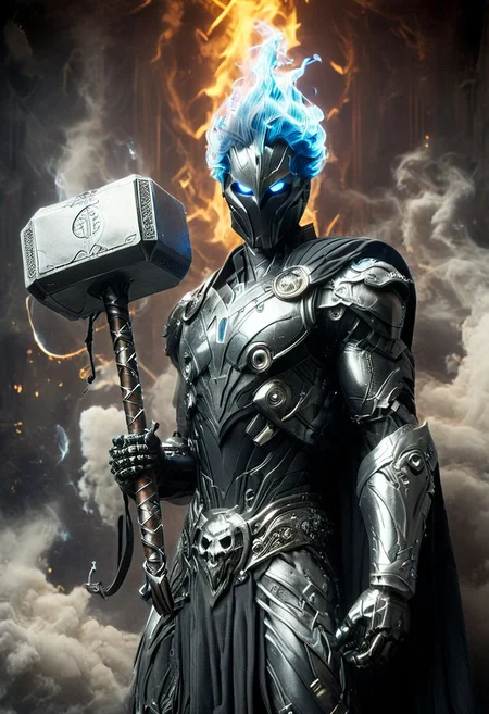 realistic high quality photography, style of Guido Argentini, pureerosface_v1, amazing quality, masterpiece, best quality, hyper detailed, ultra detailed, UHD, dof, hyper-realism, majestic, awesome, inspiring, Create a highly detailed Portrait of an evil smiling armored silver painted mechanical Hades-ish Like half human half Robot: cyborg holding the mysterious Mjolnir battlehammer from thor, holding Mjolnir, Focus on the detailed, intricate features of the weapon hammer mjolnir, with long translucent black/blueish billowing hair, High collar argyle bodysuit with skull print embedded, highly dramatic volumetric lighting, billowing volumetric fluffy translucent dark-amber lighting clouds backdrop.. cinematic composition, soft shadows, national geographic style,