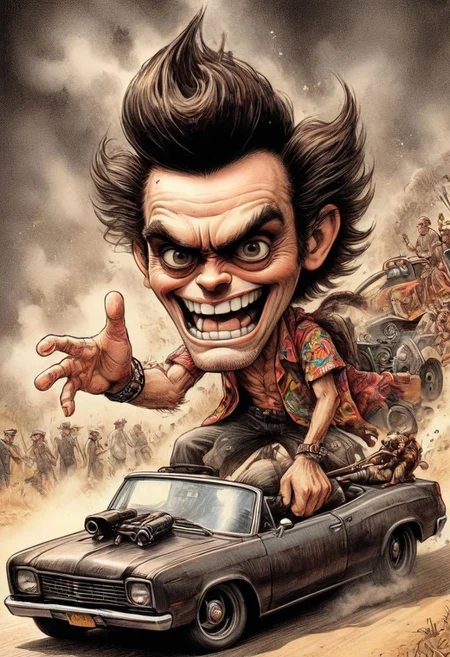illustration, Ace Ventura driving his vintage modified junket Hot Rod Rat Rod street machine, leaving behind a trail of thick black exhaust smoke in his wake along with his enemies wanting him stopped, his ((Hot Pursuit Chase towards Victory)), positioned seated leaning out overhanging the armrest of car door, leaning top half of his body outside his car, his arm fully stretched to reach his steering wheel, dark retro sunglasses, his hair unaffected by wind, fearless heroic, charisma is charismatic and intoxicating, outrageously ridiculous, Tim Burton, hyper-realistic, very detailed, micro pen art, dark vignette, film grain, sharp lines, high dynamic range, light sepia, Gray, Red And Gold Color Scheme, Pet Detective style, ink art