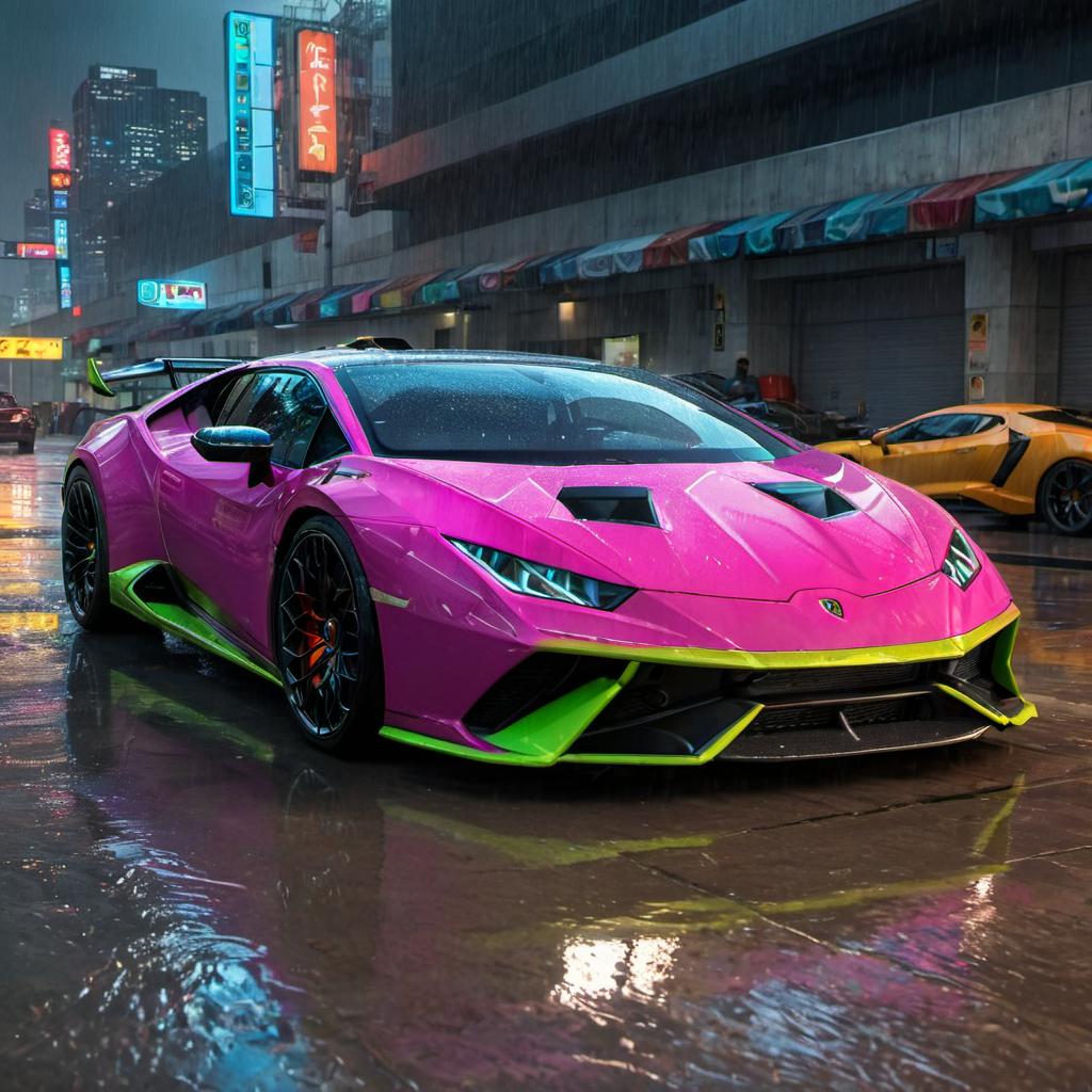 HuracánCar,sports car,masterpiece, <lora:Huracán_XL:0.8>,multi color,
future  city, rainy ,cyberpunk city ,(((cinematic lighting))), soft cinematic light, adobe lightroom, photolab, hdr, immense detail, photorealism, professional photography