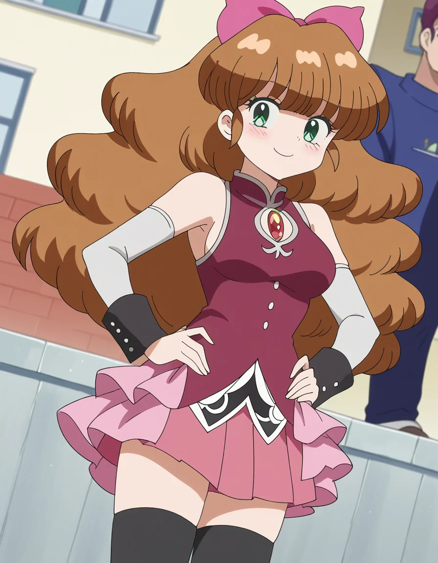score_9, score_8_up, score_7_up, source_anime, <lora:azusa-shiratori-s1-ponyxl-lora-nochekaiser:1>, azusa shiratori, long hair, brown hair, bow, green eyes, hair bow, pink bow, medium breasts, anime screencap,, <lora:sakura-kyoko-cosplay-ponyxl-lora-nochekaiser:1>, sakura kyoko cosplay, sakura kyoko (cosplay), black thighhighs, cosplay, detached sleeves, dress, frilled dress, frills, long sleeves, magical girl, miniskirt, pleated skirt, red dress, red skirt, sideboob, skirt, skirt under dress, sleeveless, sleeveless dress, thighhighs, zettai ryouiki,, streets, outdoors, smile, blush, hands on own hips,, cowboy shot, looking at viewer,, , dutch angle, cowboy shot