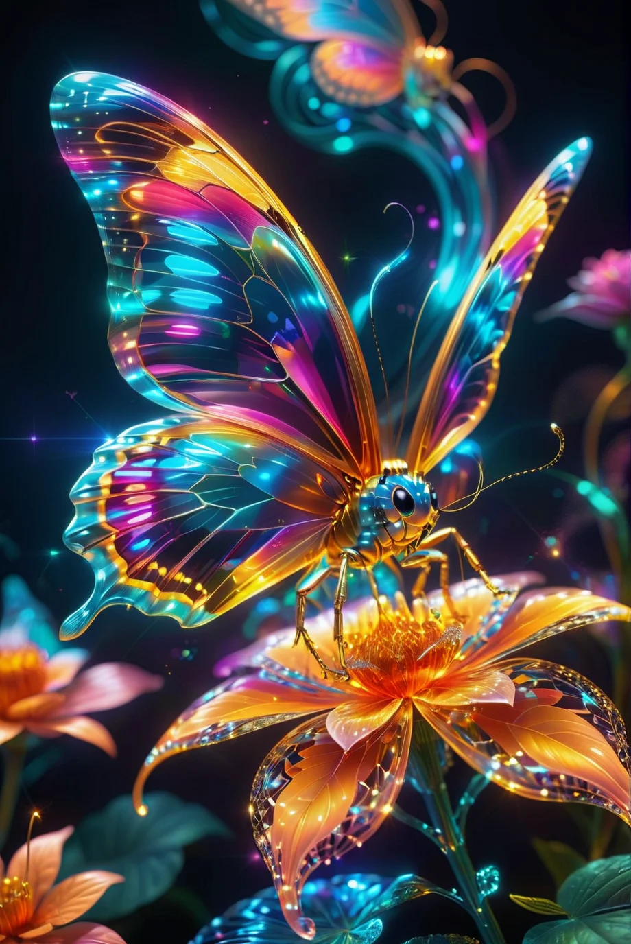 Freshideas Levitation, Holographic butterfly, Holographic flower, Wireframe Hologram, 3D,
A close-up of a vibrant, colorful crystal flower with intricate, detailed petals. A delicate butterfly rests on the flower, its wings displaying a spectrum of iridescent colors. The background is softly blurred, creating a dreamy, surreal, and magical atmosphere that enhances the focus on the crystal flower and butterfly. The scene captures the essence of a fantastical, otherworldly garden, with the hyper-realistic details of the flower and butterfly bringing the image to life.
<lora:20240614-1718326897684:1.0>,
<lora:add-detail-xl:1.0>,
<lora:EnvyBetterHiresFixXL01:1.0>,
<lora:extremely_detailed:1.0>, extremely detailed,
<lora:EldritchMixIllustration_1.1:0.25>,
<lora:SDXLFaeTastic2400:0.6>,