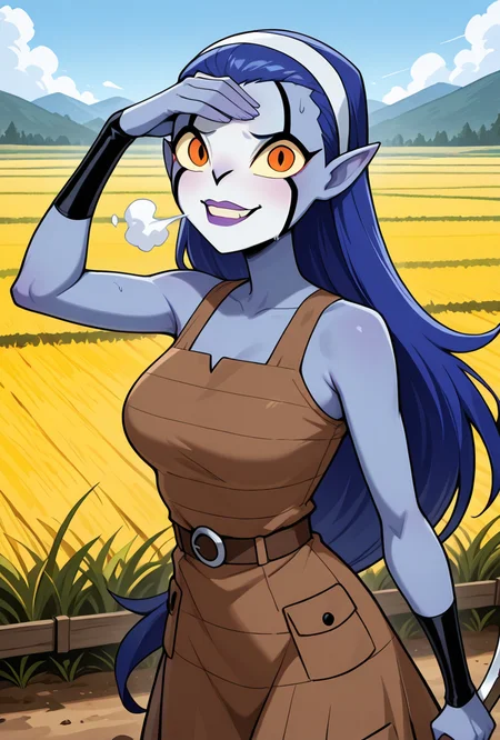 <lora:rookshar-10:1> rookshar, blue hair, colored skin, yellow sclera, long hair, 1girl, purple lips, white hairband, pointy ears, brown dress, sleeveless, , stripped dress, smile,  sharp canines, teeth, looking at viewer,  sweating, wiping forehead, holding sickle, farming crops, steam, open field, farm land, agriculture, blowing steam, masterpiece, best quality, amazing quality, very aesthetic, absurdres, newest,