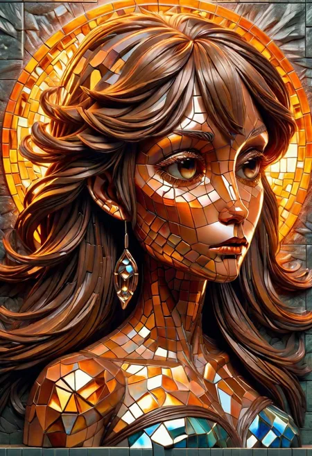 mural of a woman in the style of alphonse mucha made of separate tiles, amber neon light shines through the tiles, 3d textures, 3d blocks, 3d shadows <lora:ral-bismut:1> ral-bismut , (masterpiece:1.2), best quality, (hyperdetailed, highest detailed:1.2), high resolution textures,dark skin