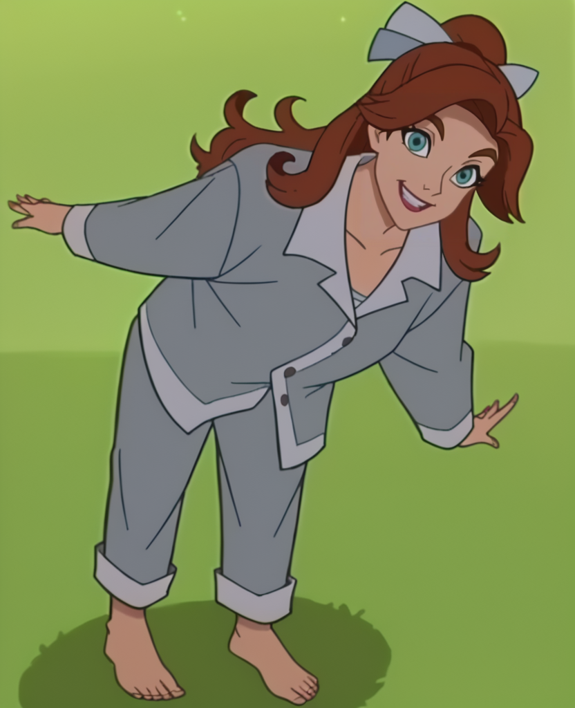 score_9, score_8_up, score_7_up, score_6_up, score_5_up, score_4_up, anime screencap, anime coloring,  <lora:Anastasia_Full-000007:1> ,pjot, brown hair,  aqua eyes, pajamas, bow, pajama pants, long hair, barefoot, 
 smile, looking at viewer, full body, arms behind back