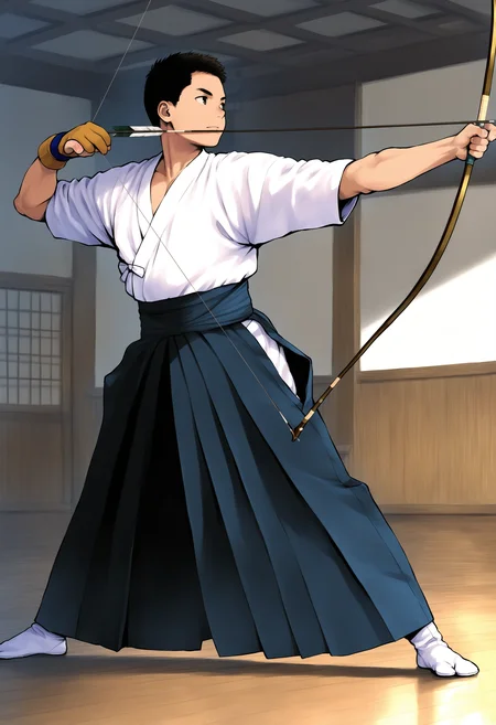 masterpiece,best quality,1boy,full_body,standing,open_stance,indoors,dojo,looking to the side BREAK
kyudo-aiming,holding bow \(weapon\),drawing bow,bow_string,arrow \(projectile\),aiming,partially fingerless gloves,yugake,closed mouth,kyudougi,hadanugi dousa,muscular,hakama,japanese clothes,tabi,pectorals,<lora:kyudo-aiming-NAIePred:1>,