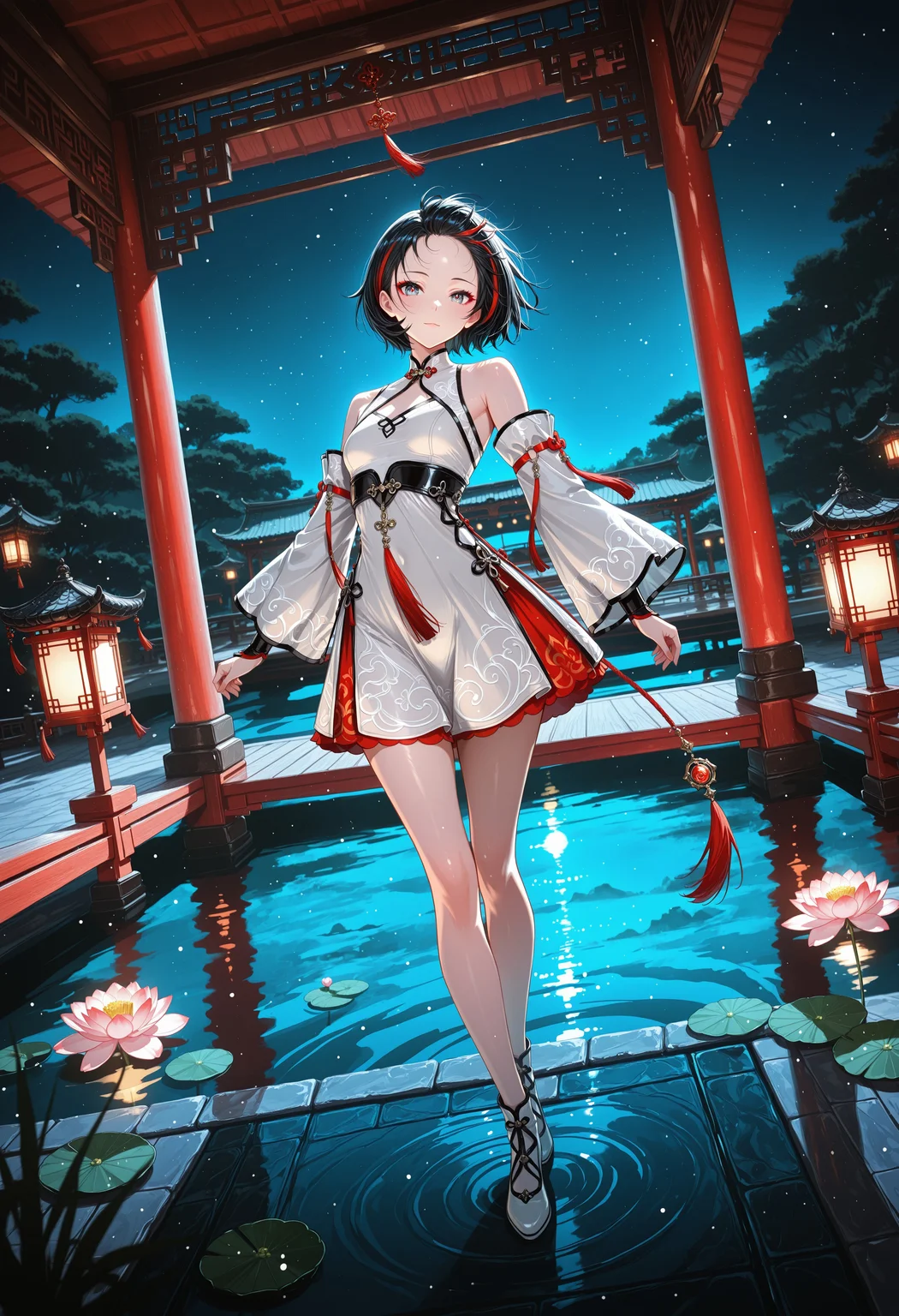 1rregular_b0, hyperdetailed_bg, (realistic_bg:1.4), (full_bg), night, 0ri3ntal_theme, chinese style, blue background, blue hue, waterlily, thurible, pavilion, (detailed background, dynamic background, uncommon angle),
(1girl, standing, looking at viewer), (dress, white dress, detached sleeves, bare shoulders, wide sleeves,), ((great anatomy, correct anatomy, akariL, wide forehead, black hair, short hair, red_streaked_hair, greenish_grey_pupils, red_iris, small breasts)),
full body, dynamic view, dynamic angle,
((masterpiece, absurdres, newest, best quality, visual impact, very aesthetic, perfect quality, absolutely eye-catching)), 4K, detailed facial features, detailed clothing features, detailed texture,