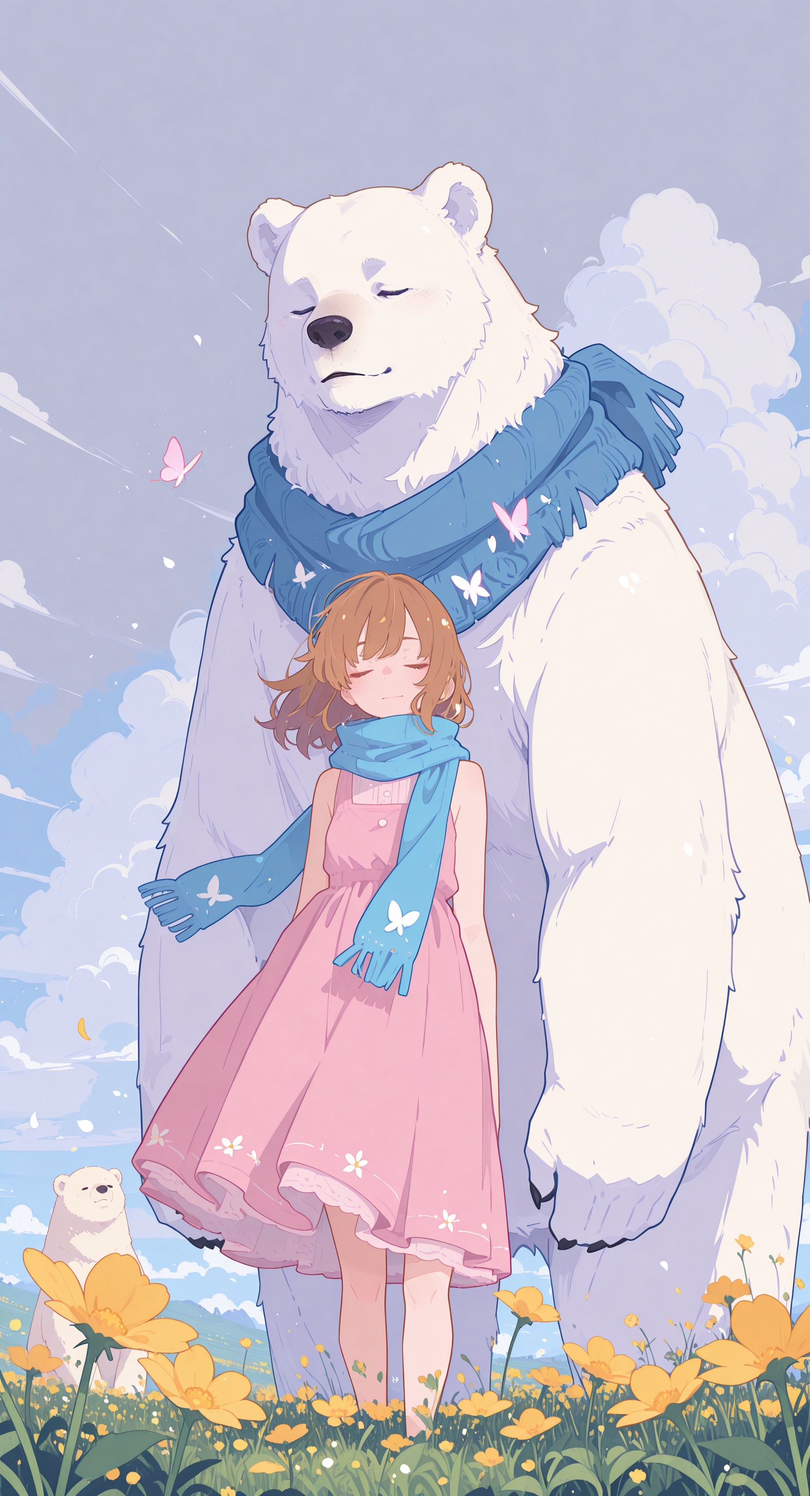 masterpiece, best quality, good quality, newest, highres, absurdres, 1girl, brown hair, dress, standing, closed eyes, flower, outdoors, sky, sleeveless, day, cloud, scarf, sleeveless dress, petals, animal, cloudy sky, bug, pink dress, wind, butterfly, yellow flower, field, blue scarf, flower field, bear, polar bear, Ethereal Brushstroke,
Flat vector illustration,
h4ra_illu,
momosp <lora:illustriousXL_stabilizer_v1.23:0.3> <lora:NOOB_vp1_detailer_by_volnovik_v1:0.3> <lora:ponyv6_noobE11_2_adamW-000017:0.45> <lora:Illustrious:0.15> <lora:checkpoint-e18_s306:1.3> <lora:hara_id_21:0.85> <lora:MomoSweetSpaceILL:0.8>