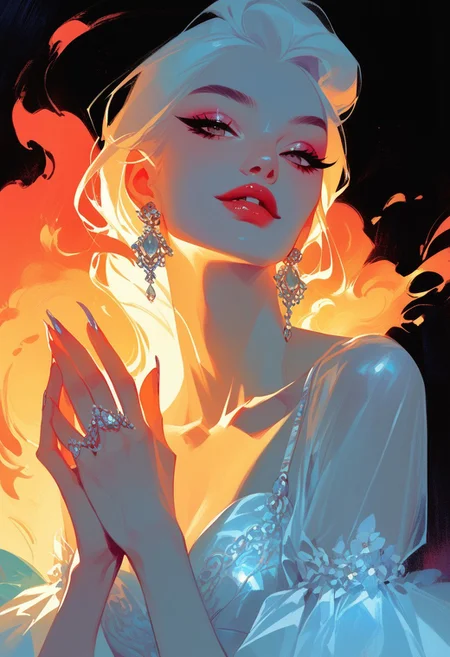 score_9, score_8_up, score_7_up, score_6_up, score_9_up, score_8_up, ultra-detailed, high quality, negative, character concept art, limited palette, 1girl, beautiful, pale white vampire, elegant pose, futuristic fashion, a floating fire hovers between her hands, masterpiece, very detailed elegant gothic background