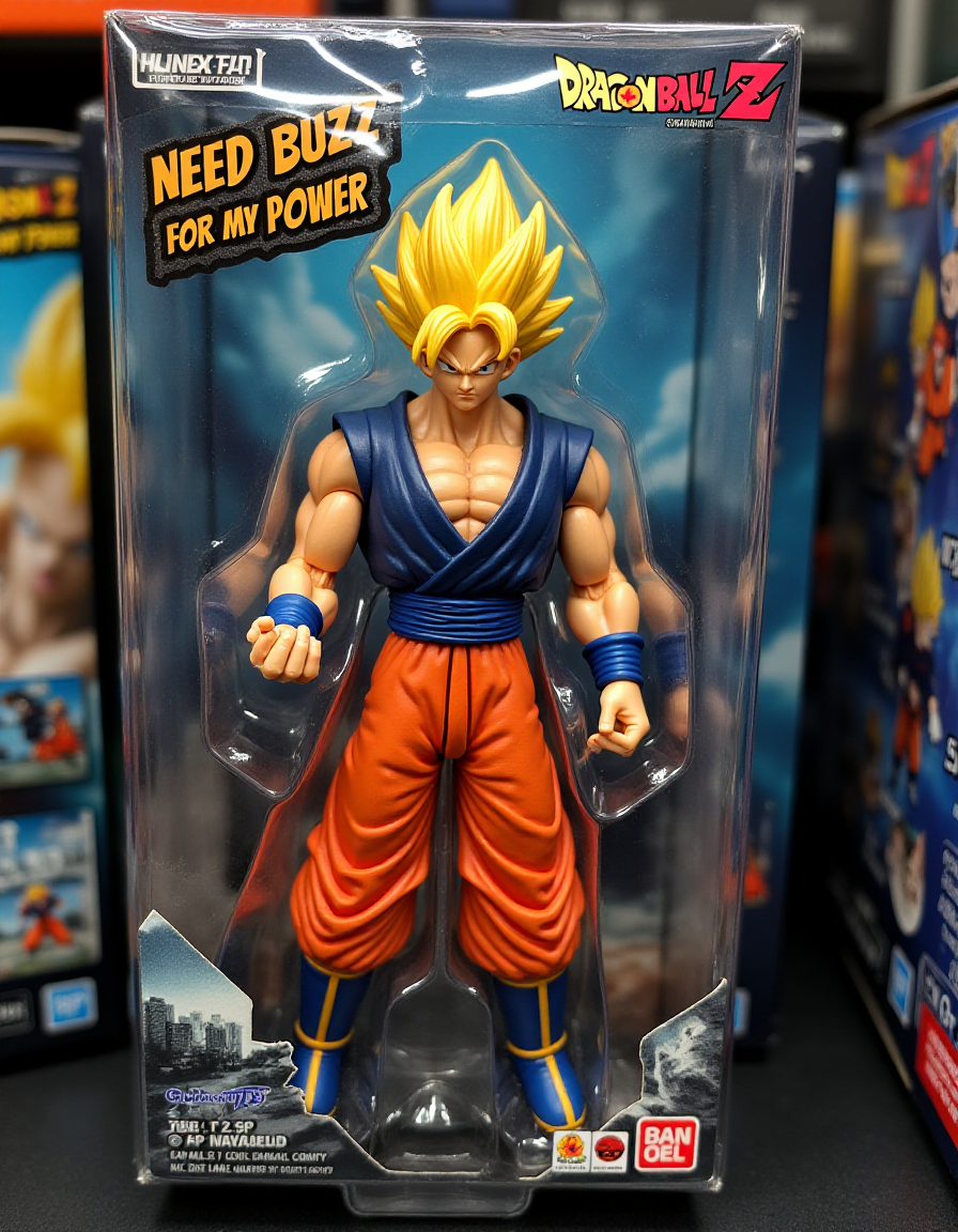 A dynamic scene on a "Dragon Ball Z" figure packaging, with the main figure GOGETA trapped behind a shiny layer of afpacking. The figure's uniform and battle saber are slightly distorted by the tight plastic, giving it a battle-worn look. The supporting art features an intense city battle scene, with "NEED BUZZ for my Power" stamped in blocky tactical letters above it. The packaging glows under the store's lights, adding an aggressive, action-packed vibe. <lora:ral-afpacking-flux:1>