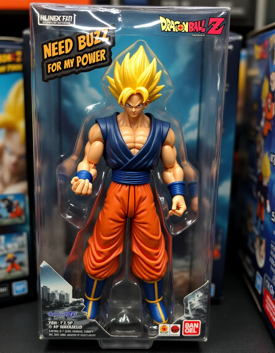 A dynamic scene on a "Dragon Ball Z" figure packaging, with the main figure GOGETA trapped behind a shiny layer of afpacking. The figure's uniform and battle saber are slightly distorted by the tight plastic, giving it a battle-worn look. The supporting art features an intense city battle scene, with "NEED BUZZ for my Power" stamped in blocky tactical letters above it. The packaging glows under the store's lights, adding an aggressive, action-packed vibe. <lora:ral-afpacking-flux:1>