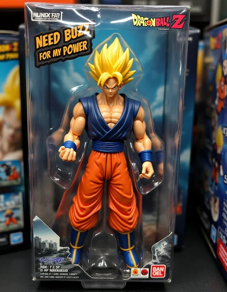A dynamic scene on a "Dragon Ball Z" figure packaging, with the main figure GOGETA trapped behind a shiny layer of afpacking. The figure's uniform and battle saber are slightly distorted by the tight plastic, giving it a battle-worn look. The supporting art features an intense city battle scene, with "NEED BUZZ for my Power" stamped in blocky tactical letters above it. The packaging glows under the store's lights, adding an aggressive, action-packed vibe. <lora:ral-afpacking-flux:1>