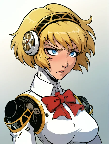 score_9_up, score_8_up, score_7_up, rating_explicit, solo focus, dynamic pose, portrait, headshot, depth of field, 1girl, <lora:persona3_aegis_ponyXL-11:1>, p3aegis, android, robot joints, short hair, blonde hair, hairband, headphones, blue eyes, red bow, medium breasts, 
, gradient background, <lora:Akabur_Style_autism:.8>, 4K4BUR5TYL3