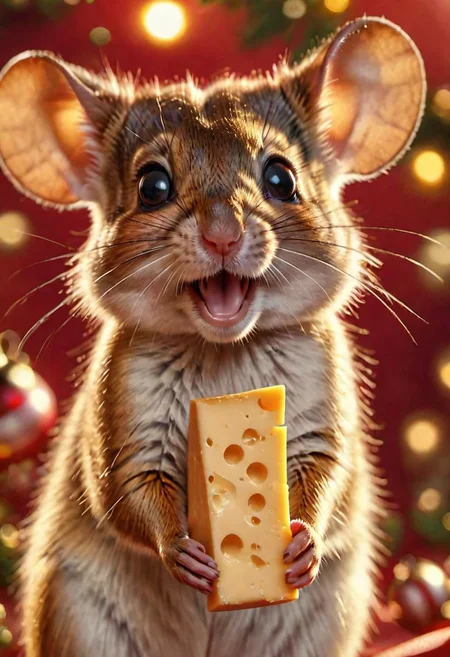 Laughing mouse receives a piece of cheese with a red ribbon, surprise, happiness, joy, festive background, gldnglry, highly realistic, highly detailed, 8k