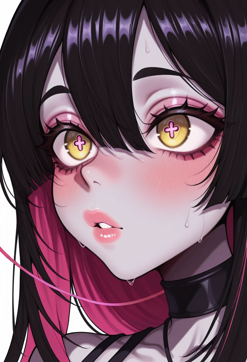 <lora:mixed:1>, STYLE_M1X, masterpiece, absurdres,amazing quality, best quality, extremely detailed, detailed background,1girl,black hair,blurry,close-up,colored inner hair,cross-shaped pupils,hair between eyes,highres,jewelry,long hair,looking ahead,multicolored hair,multiple rings,parted lips,pink hair,ring,solo,symbol-shaped pupils,thread,upper body,vignetting,yellow eyes, grey skin