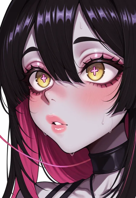 <lora:mixed:1>, STYLE_M1X, masterpiece, absurdres,amazing quality, best quality, extremely detailed, detailed background,1girl,black hair,blurry,close-up,colored inner hair,cross-shaped pupils,hair between eyes,highres,jewelry,long hair,looking ahead,multicolored hair,multiple rings,parted lips,pink hair,ring,solo,symbol-shaped pupils,thread,upper body,vignetting,yellow eyes, grey skin