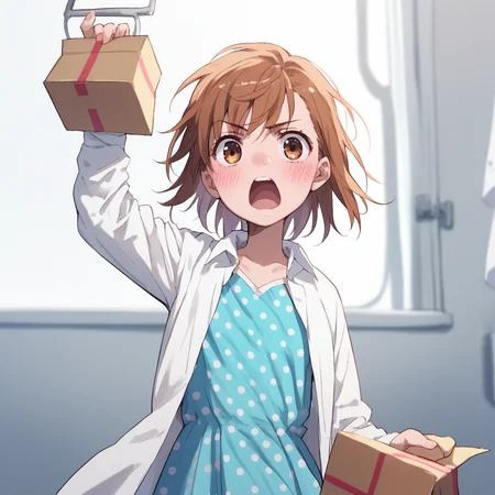 anime coloring, score_9, score_8_up, score_7_up, score_6_up, misaka20001 last-order, toaru, 1girl, solo, brown hair, polka dot, shirt, open mouth, short hair, parody, box, upper body, polka dot dress, holding, blush, white shirt, open clothes, blue dress, holding box, dress shirt, clinic, hospital interior
