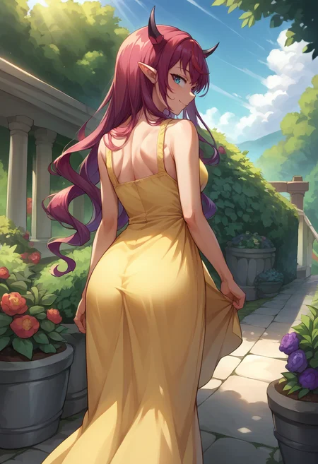 score_9, score_8_up, source_anime, 1girl, solo, IrysHolo, horns, heterochromia, purple eye, blue eye, long hair, from behind, yellow sundress, garden, day, sunshine, smile, looking back, <lora:CHAR-IrysPonyXL:1>