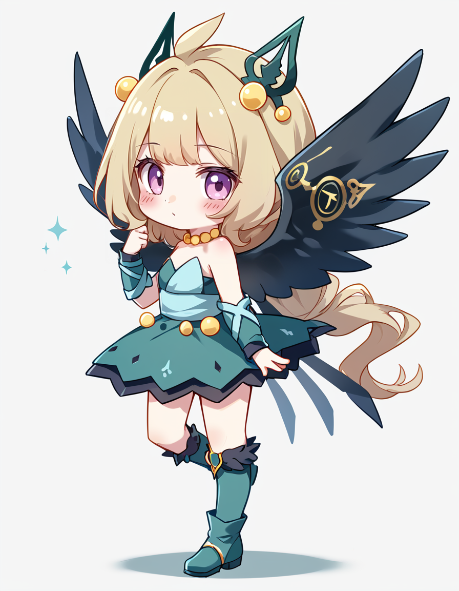 (score_9:0.9),score_8_up,score_7_up,rating_safe,anime style,(zPDXL),(zPDXL3),
<lora:Hugin the Runick Wings ponyXL v1:0.73>,hugin the runick wings,1girl,solo,green strapless dress,chibi,white background,full body,blush,green knee boots,standing on one leg,green hair ornament,standing,minigirl,yellow necklace,green vambraces,from side,looking back,