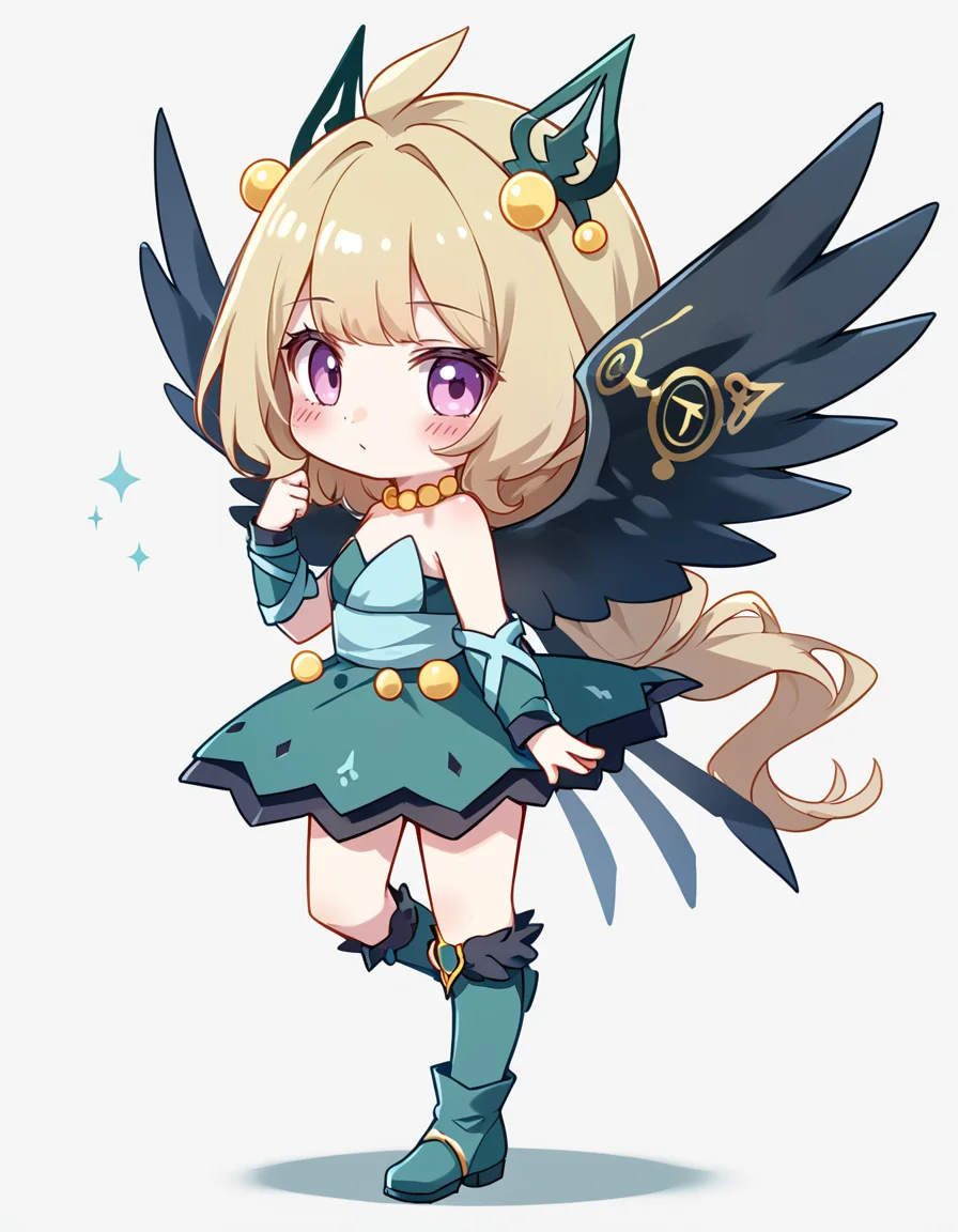 (score_9:0.9),score_8_up,score_7_up,rating_safe,anime style,(zPDXL),(zPDXL3),
<lora:Hugin the Runick Wings ponyXL v1:0.73>,hugin the runick wings,1girl,solo,green strapless dress,chibi,white background,full body,blush,green knee boots,standing on one leg,green hair ornament,standing,minigirl,yellow necklace,green vambraces,from side,looking back,