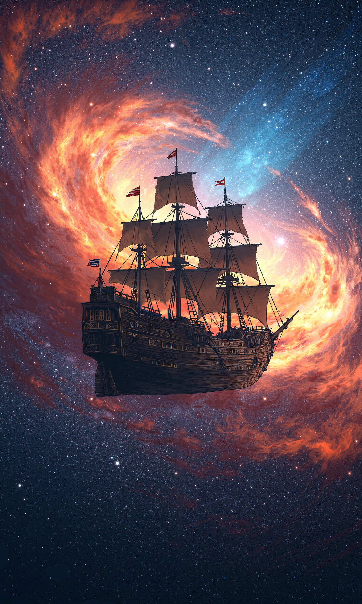 A stocky Dutch spaceship, reminiscent of 17th-century vessels, majestically navigates through the cosmos, set against a vibrant, starry galaxy and a swirling high wall of nebula wave in the background, as if inspired by the cinematic grandeur of Stephen Spielberg. The painting is in the style of umesky<lora:ume_sky_v2.safetensors:0.8:0.8>