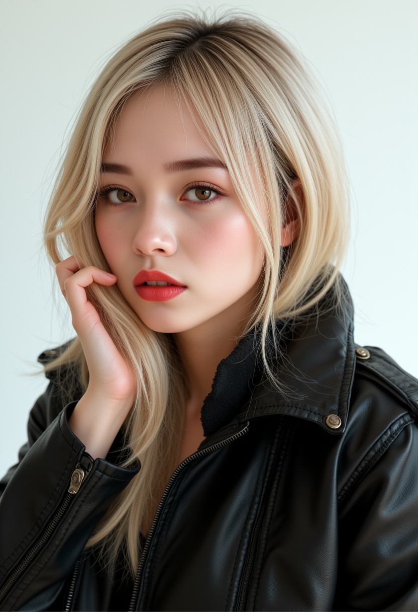 She is approximately 18 years old. Hyperrealism, she is looking at the camera, (dynamic angles), headshots of a beautiful, stunning unique female character. she has hair. her brown eyes are filled with joy and excitement, extravagant eyelashes,  A photo of Ae-cha, a woman, is shown. She has blonde hair and is wearing a black leather jacket. The photo is in black and white, giving it a classic and timeless feel. Ae-cha is posing for the camera, with a hint of a smile on her face. The composition of the photo is simple and elegant, focusing on the subject and her outfit..  She has a slight smile on her face and is looking directly at the camera. The background is a simple white wall.. making this image a masterpiece of photography and digital art. Style: realistic hyper-detailed rendering, 32k UHD, expressive eyes, punk, graphic design, girl's face, pretty and cute, gleaming lips, white skin, telling a tale of adventure. Exuding confidence and serenity. The background is a simple white wall. The overall mood of the image is happy and relaxed.RAW candid cinema,16mm,color graded portra 400 film,remarkable color,ultra realistic,textured skin,remarkable detailed pupils,realistic dull skin noise,visible skin detail,skin fuzz,dry skin,shot with cinematic camera,detailed skin texture,(blush:0.2),(goosebumps:0.3),subsurface scattering,beautiful photograph in the style of Augustus John,Sergio Toppi,Virginia Frances Sterrett,8k HD,detailed skin texture,ultra realistic,textured skin,analog raw photo,cinematic grain,whimsical,detailed hand,perfect hand.perfect style.