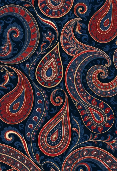 photo of a paisley pattern, boteh, paisley, navy blue, madder red, almond, entwined paislies, official art, aesthetic, dynamic angle, hyper detailed, order and chaos, dark colors, (extremely detailed, intricate details, masterpiece, best quality, 8k wallpaper:1.4), dramatic lighting, (dark blue and madder red palette:1.2), twisting paisley