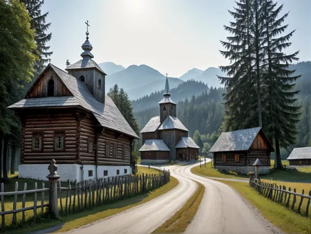 Hyperrealistic art professional photo, scenery, skanzen, village, log houses, masoned houses, church, shrine, fence, road, forest in background, (natural colors, correct white balance, color correction, dehaze,clarity), . Extremely high-resolution details, photographic, realism pushed to extreme, fine texture, incredibly lifelike <lora:SkanzenXL:1>