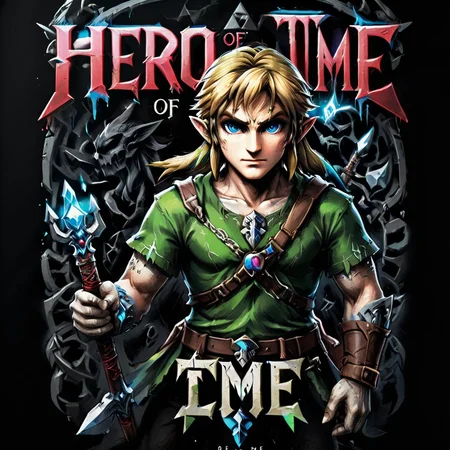 impactful color paint of Link from Zelda,  Text "HERO OF TIME" , highly detailed, vibrant colors , 8k, sharp, professional, clear, high contrast, high saturated, vivid deep blacks, crystal clear, <lora:Rock_Metal_Style:1>