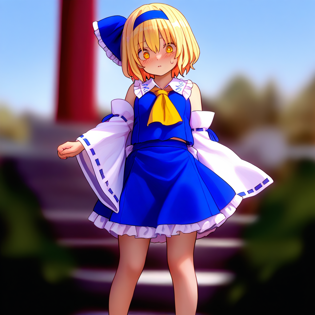 <lora:alice98ILL:1>,1girl,touhou,alice98,blonde_hair,yellow eyes,short hair,blue_hairband,hair_ribbon,(hakurei reimu \(cosplay\):1.2),  masterpiece, best quality, amazing quality, newest