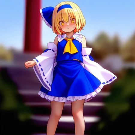 <lora:alice98ILL:1>,1girl,touhou,alice98,blonde_hair,yellow eyes,short hair,blue_hairband,hair_ribbon,(hakurei reimu \(cosplay\):1.2), masterpiece, best quality, amazing quality, newest