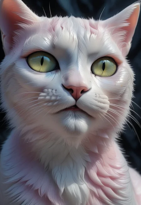 An extreme photorealistic upper body shot of a girl with mesmerizing golden eyes and slit pupils. She has long, flowing two-tone hair, white and black, with striking, unrealistic beauty. Her pink lips curve slightly to reveal sharp fangs, and her long fingernails are a key feature of her sleek cat suit. Include tiny imperfections like pores, faint freckles, and slight skin texture variations to add realism. Realistic lip texture with soft lines, slight gloss, and natural color variation. Realistically detailed tear ducts, slightly moist, enhancing the natural appearance of the eyes. Faint, barely visible veins under the eyes, adding depth and authenticity to the skin. Individually rendered eyebrow hairs with natural variation in direction, length, and thickness. Variation in hair strand thickness, with some thinner and finer than others. Detailed texture on the cat suit, showing the weave or material pattern, such as leather, spandex, or velvet. Shadows that move with the character, responding to her position and the light source accurately, 28 YEARS OLD, wrinkles, cat girl, crystal, gem, sparkle, YELLOW EYES, CAT EYES, denise, catgirl, Gothic castle, lively, luminescent, Majestic castle, big eyes.