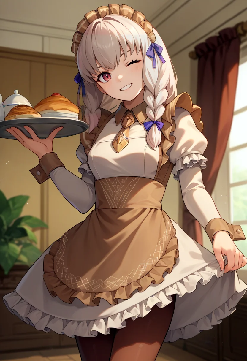 score_9, score_8_up, score_7_up, source_anime, solo, 1girl, lysitheamaid, smile, looking at viewer, holding tray, braid, maid headdress, one eye closed, maid, brown dress, long sleeves, brown pantyhose, indoors, living room <lora:fireemblem_ordelia_ponyXL:1>