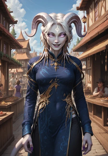 (absurdres, best quality, masterpiece:1.4), score_9, score_8_up, score_7_up, score_6_up, detailed, detailed body, detailed face, fantasy,
culDraenei, purple eyes, no sclera, no pupils, athletic, tall, slim, pale skin, grey skin, long tail, long ears,
(LOAwdl34pXL, qipao),
smile,
outdoors, wooden village background, ((multiple crowds, human, varied clothing, modern clothing))