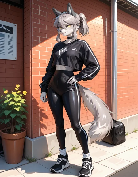 masterpiece, best quality, very aesthetic, absurdres,
outdoors,
full body, standing, posing,
casual,
seductive smile, parted lips, long eyelashes,
<lora:Seraya_v01_NAIXL:1>
S3ray4,1girl,solo,furry,furry female,wolf girl,wolf ears,short hair,grey hair,ponytail,hair between eyes,long sidelocks,yellow eyes,snout,animal nose,choker,body fur,two-tone fur,grey fur,white fur,wolf tail,