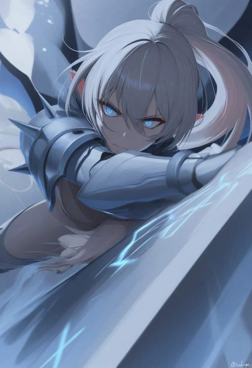 score_9, score_8_up, score_7_up, breathtaking, masterpiece, best quality, newest, absurdres, highres, embedding:lazypos, 1girl, solo, elf, long silver hair, glowing blue eyes, intricate silver armor, enchanted sword, battle-ready stance, flowing blue cape, delicate elven features, ornate pauldrons, magical runes, moonlit forest, mystical aura, soft ethereal glow, fantasy setting, detailed background, depth of field, dynamic pose, dramatic composition, foreshortening, detailed background, dynamic pose, dynamic composition,dutch angle, detailed backgroud,foreshortening,blurry edges, by saniiwan, by abbey and bear