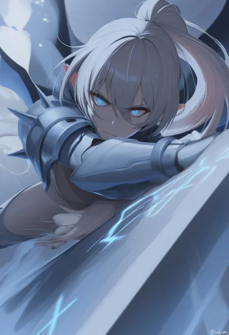 score_9, score_8_up, score_7_up, breathtaking, masterpiece, best quality, newest, absurdres, highres, embedding:lazypos, 1girl, solo, elf, long silver hair, glowing blue eyes, intricate silver armor, enchanted sword, battle-ready stance, flowing blue cape, delicate elven features, ornate pauldrons, magical runes, moonlit forest, mystical aura, soft ethereal glow, fantasy setting, detailed background, depth of field, dynamic pose, dramatic composition, foreshortening, detailed background, dynamic pose, dynamic composition,dutch angle, detailed backgroud,foreshortening,blurry edges, by saniiwan, by abbey and bear