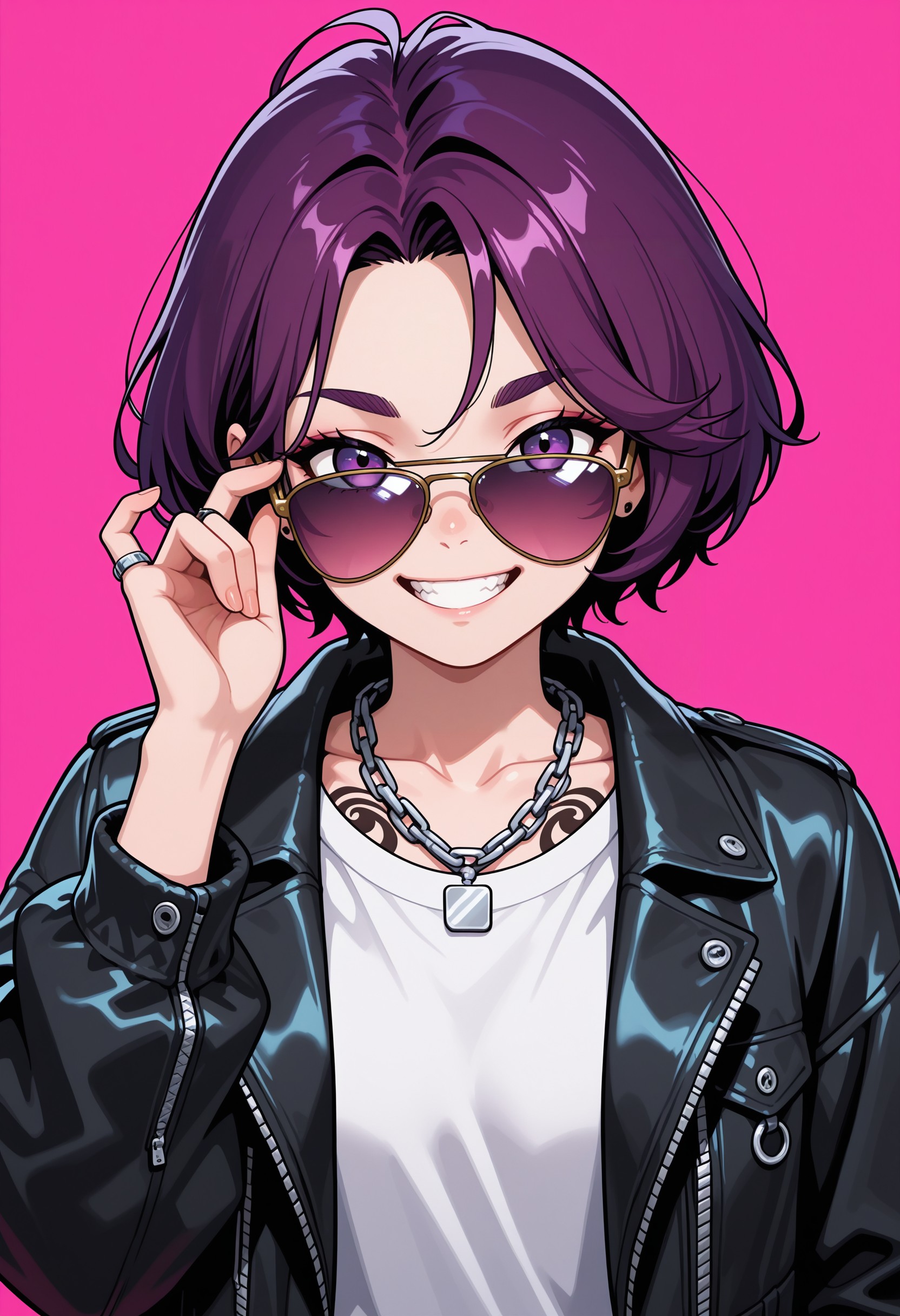 masterpiece, best quality, UltraComix, jewelry, solo, jacket, smile, necklace, purple eyes, tattoo, short hair, looking at viewer, teeth, ring, pink background, shirt, purple hair, sunglasses, grin, simple background, open clothes, thick eyebrows, 1girl, upper body, tinted eyewear, white shirt, open jacket, aviator sunglasses, hand up, collarbone, adjusting eyewear, chain necklace, long sleeves, comic art style, illustration, digital art, <lora:f7e7a2ff-27b1-4959-9674-be36ae3c1c2f:0.7>