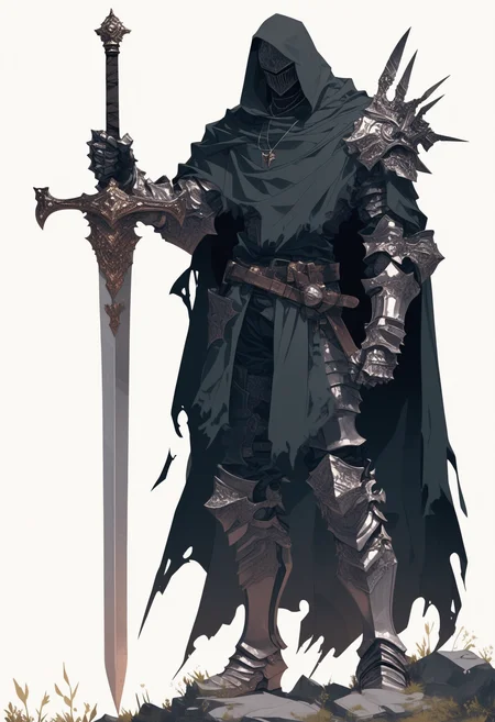 score_9, score_8_up, score_7_up, score_6_up, score_5_up, score_4_up,
<lora:ArmorSentinelV2:1>, arm0rs3nt1n3l,
giant sword, solo, simple background, white background, 1boy, holding, jewelry, standing, full body, male focus, weapon, boots, pants, belt, hood, sword, holding weapon, necklace, cape, armor, torn clothes, holding sword, helmet, knife, shoulder armor, clenched hand, facing viewer, gauntlets, sheath, cloak, sheathed, breastplate, armored boots, fantasy, dagger, scabbard, over shoulder, greaves, huge weapon, weapon on back, weapon over shoulder, knight, full armor, black armor, torn cape, helm, greatsword, torn, sword over shoulder, torn cloak