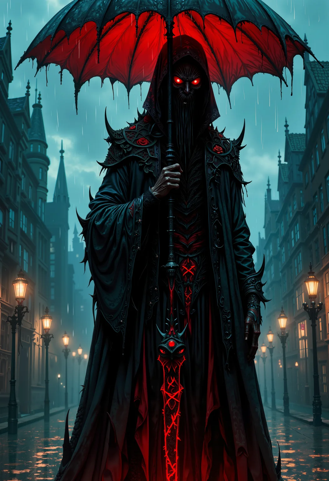 bo-an1me, high quality, ultra detailed, dark fantasy illustration, a dark, atmospheric portrayal of a menacing figure, likely from a video game or fantasy setting. The figure is cloaked in a long, flowing gown with intricate, dark patterns and sharp, angular designs. It holds a large, open umbrella with a striking red hue, contrasting sharply with the cooler tones of the surrounding environment. The character's face is covered by glowing red eyes, giving it an eerie appearance. The background is a dimly lit cityscape with faint lanterns, suggesting a nighttime setting. Rain falls heavily, creating a sense of foreboding. The overall color palette is dominated by dark blues, blacks, and reds, with the red of the eyes adding a pop of color.<lora:boFLUX Anime Abyss.safetensors:1.0:1.0>