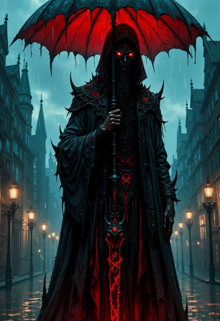 bo-an1me, high quality, ultra detailed, dark fantasy illustration, a dark, atmospheric portrayal of a menacing figure, likely from a video game or fantasy setting. The figure is cloaked in a long, flowing gown with intricate, dark patterns and sharp, angular designs. It holds a large, open umbrella with a striking red hue, contrasting sharply with the cooler tones of the surrounding environment. The character's face is covered by glowing red eyes, giving it an eerie appearance. The background is a dimly lit cityscape with faint lanterns, suggesting a nighttime setting. Rain falls heavily, creating a sense of foreboding. The overall color palette is dominated by dark blues, blacks, and reds, with the red of the eyes adding a pop of color.<lora:boFLUX Anime Abyss.safetensors:1.0:1.0>