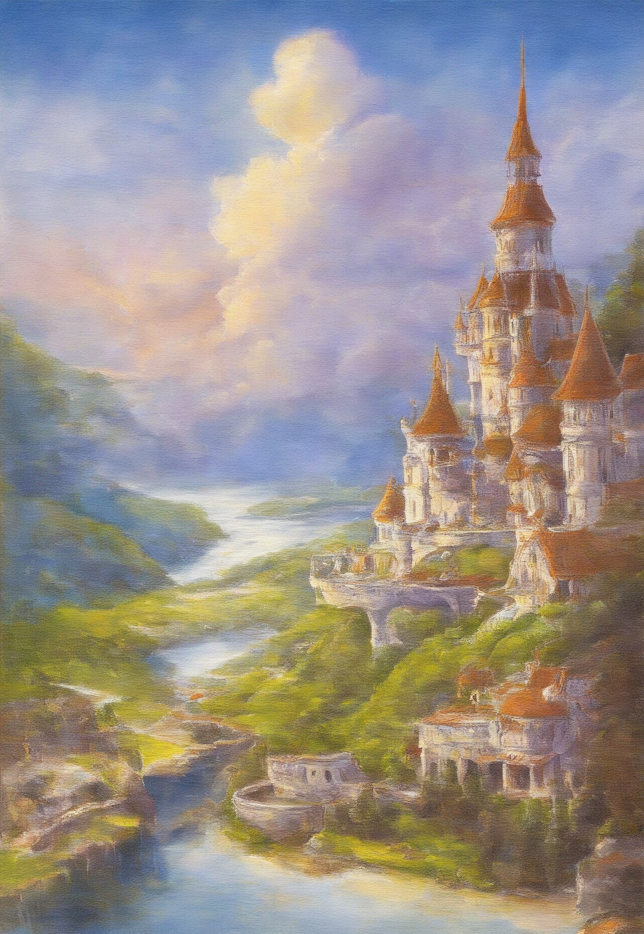 A masterful digital painting by Greg Rutkowski portraying the streets of a sprawling medieval city in a fantasy realm, with river, bridges, a white tower, walls, sparkling, majestic, beautiful, stunning, dreamlike, ethereal, magic, art, extremely detailed, masterpiece. The scene is set at sunset, with sharp focus and clarity. The landscape is featuring ultra-highly detailed and intricately posed characters. The intricate details and sharp focus of the painting give it a watercolor-like appearance, making it highly sought after and trending on ArtStation. The highly detailed and intricate elements of the scene are showcased in a studio photo, capturing the essence of a dreamlike, magical fantasy world.
 (8k uhd:1,4)
(((full-clothed))),
 <lora:add-detail-xl:1>
 <lora:Dynamic Poses:1>