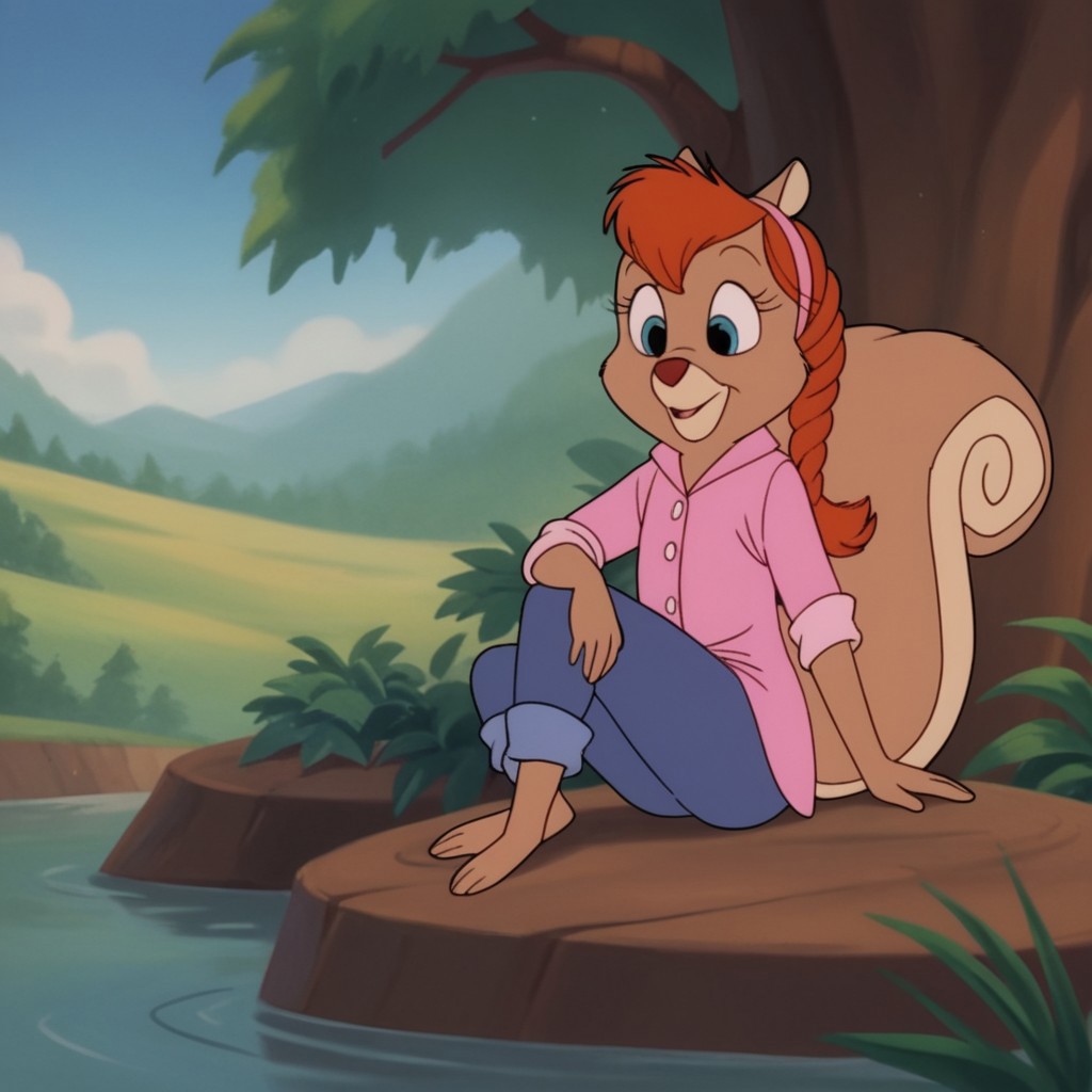 score_9, score_8_up, score_7_up, score_6_up, score_5_up, score_4_up, source_furry,  tammysqrrlv2, semi-anthro, female, squirrel, brown fur, red hair, blue eyes, blue jeans, pink button-down shirt, pink headband, lush valley, sitting on a rock on a riverbank,  barefoot, one leg propped up, hand on knee,