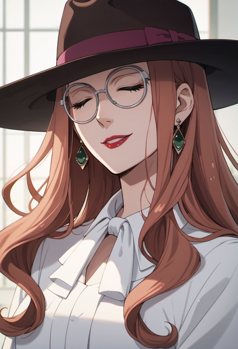 score_9, score_8_up, score_7_up, source_anime, sylvia sherwood, long hair, reddish-brown hair, 1girl, solo, hat, jewelry, earrings, glasses, closed eyes, makeup, lipstick, smile, ribbon, white shirt