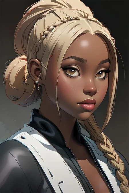 closeup portrait, a chubby curvy fantasy girl nudist, light skinned, cute, blonde braids, in the style of dark and intricate, heavy use of palette knives, black arts movement, zbrush, loose and fluid, asante art, black paintings --ar 1:2 --stylize 1000 --weird 95