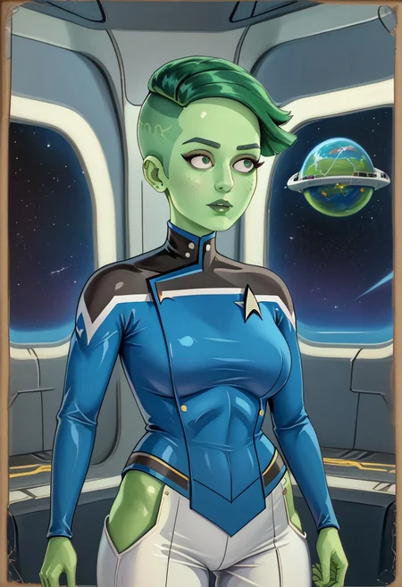 masterpiece, best quality, amazing quality, very aesthetic, high resolution, ultra-detailed, absurdres, 1girl, D'vana Tendi, orion species, Star Trek, in a starfleet uniform, colored skin, green skin, green freckles, colored hair, green hair, undercut, painterly, faux traditional media, realistic,, science fiction, hightech, space, spacecraft,