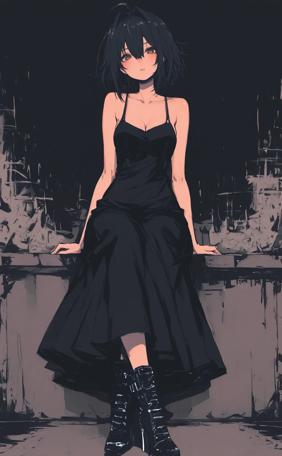 masterpiece, best quality, amazing quality, 1girl, solo, breasts, looking at viewer, short hair, black hair, dress, hair between eyes, cleavage, bare shoulders, sitting, medium breasts, brown eyes, collarbone, full body, ahoge, parted lips, boots, sleeveless, black footwear, black dress, high heels, bare arms, sleeveless dress, hair intakes, crossed legs, long dress, Karinami Inkblush mode,thick ink outlines,soft marker gradients,era 2020s indie illustration,Inkblush style, grunge_anime_aesthetic <lora:noobai_ep11_stabilizer_v0.138_fp16:0.3> <lora:XXX667:0.6> <lora:96YOTTEA-WAI:0.6> <lora:grunge_anime_aesthetic_illustriousXL-000027:0.7> <lora:Karinami_Inkblush_mode_Illustrious_clean:0.5>