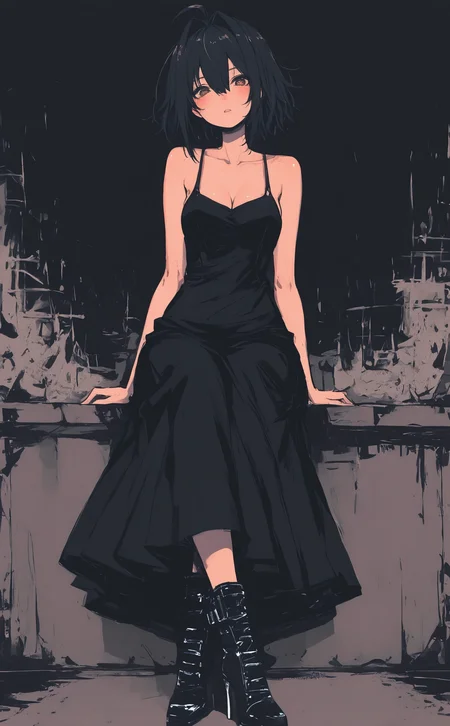 masterpiece, best quality, amazing quality, 1girl, solo, breasts, looking at viewer, short hair, black hair, dress, hair between eyes, cleavage, bare shoulders, sitting, medium breasts, brown eyes, collarbone, full body, ahoge, parted lips, boots, sleeveless, black footwear, black dress, high heels, bare arms, sleeveless dress, hair intakes, crossed legs, long dress, Karinami Inkblush mode,thick ink outlines,soft marker gradients,era 2020s indie illustration,Inkblush style, grunge_anime_aesthetic <lora:noobai_ep11_stabilizer_v0.138_fp16:0.3> <lora:XXX667:0.6> <lora:96YOTTEA-WAI:0.6> <lora:grunge_anime_aesthetic_illustriousXL-000027:0.7> <lora:Karinami_Inkblush_mode_Illustrious_clean:0.5>